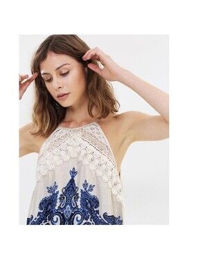 FREE PEOPLE NWT Shea Printed Mini Dress in Ivory|Indigo-Size Large